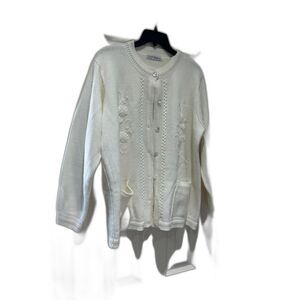 Vintage White Floral Embroidered Cardigan – Pearlized Buttons – Size L/XL